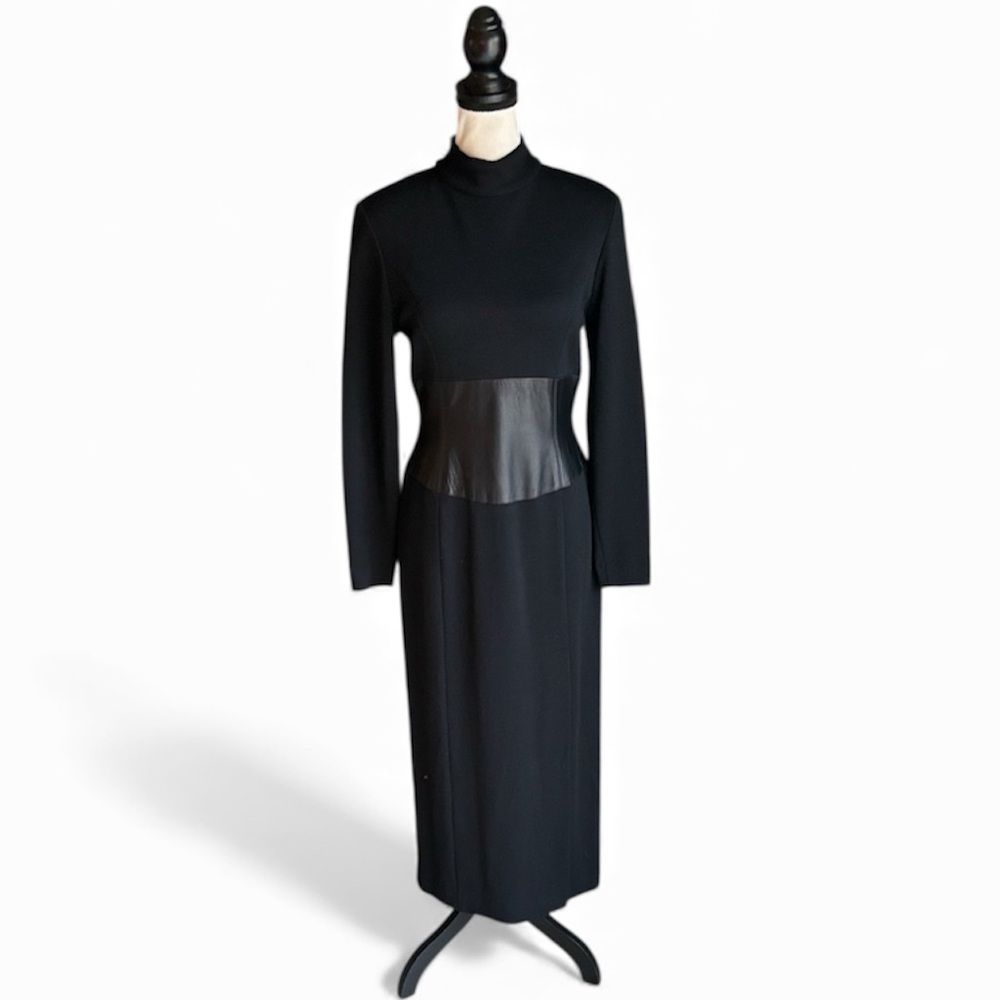 Rickie Freeman for Teri Jon Black Wool & Leather Long Sleeve Dress 6 Tall
